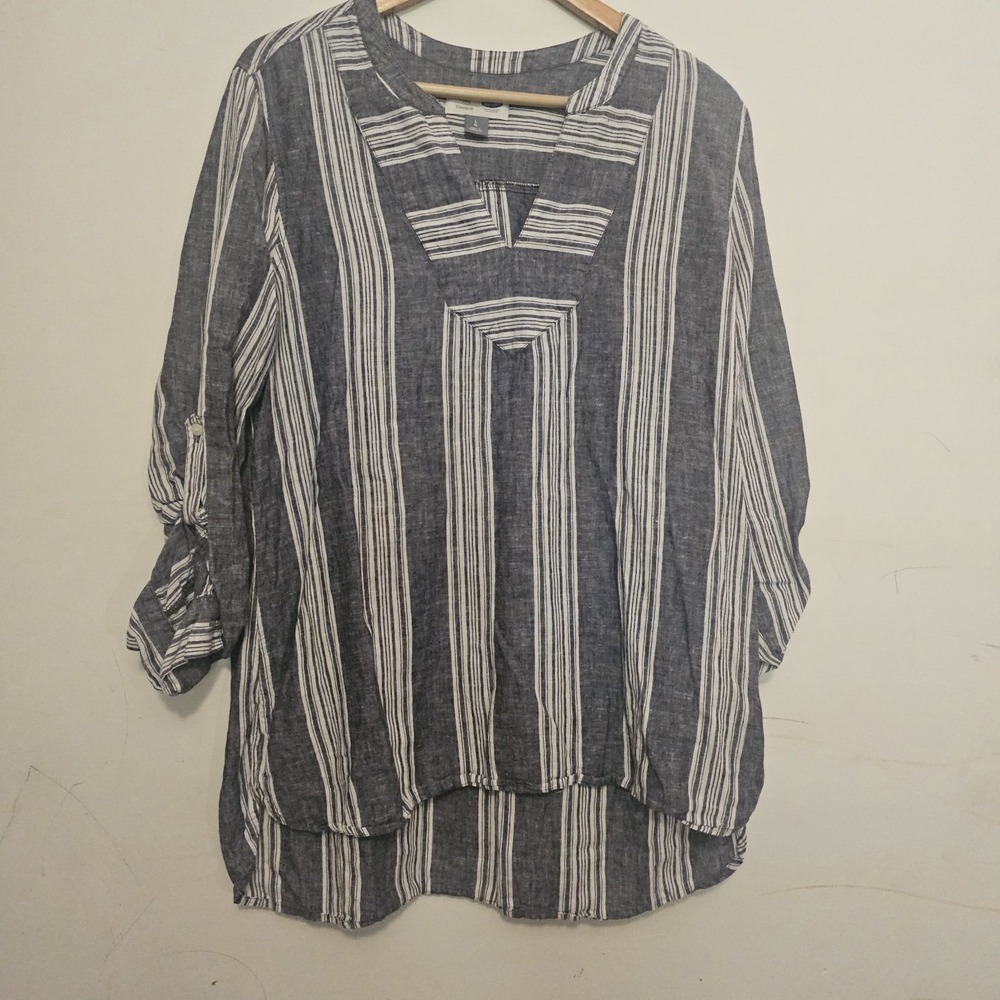 Old Navy Linen Blend Popover Tunic Top Roll Sleeves L Navy White Beach Summer